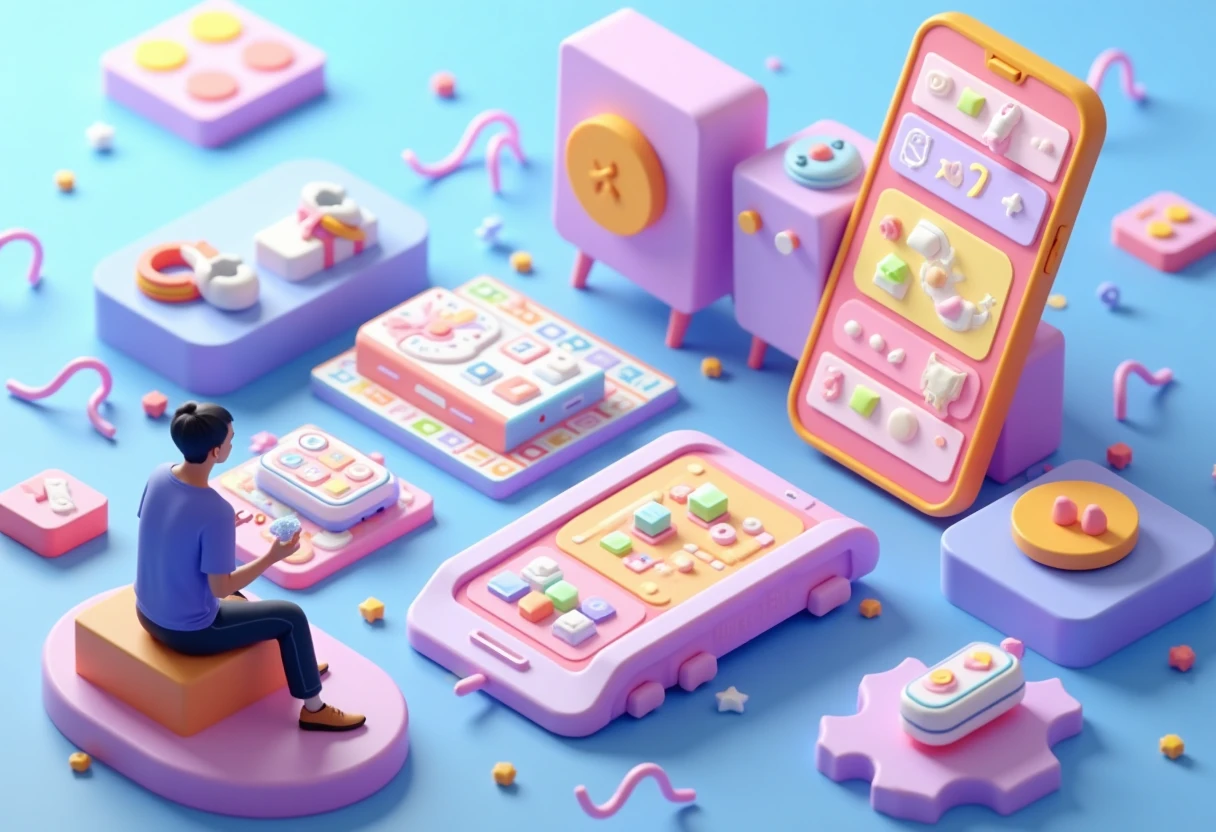 Colorful app icons in a vibrant space