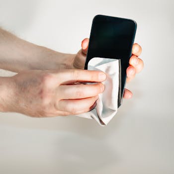 Hands cleaning smartphone screen with a soft cloth, emphasizing hygiene and device care.